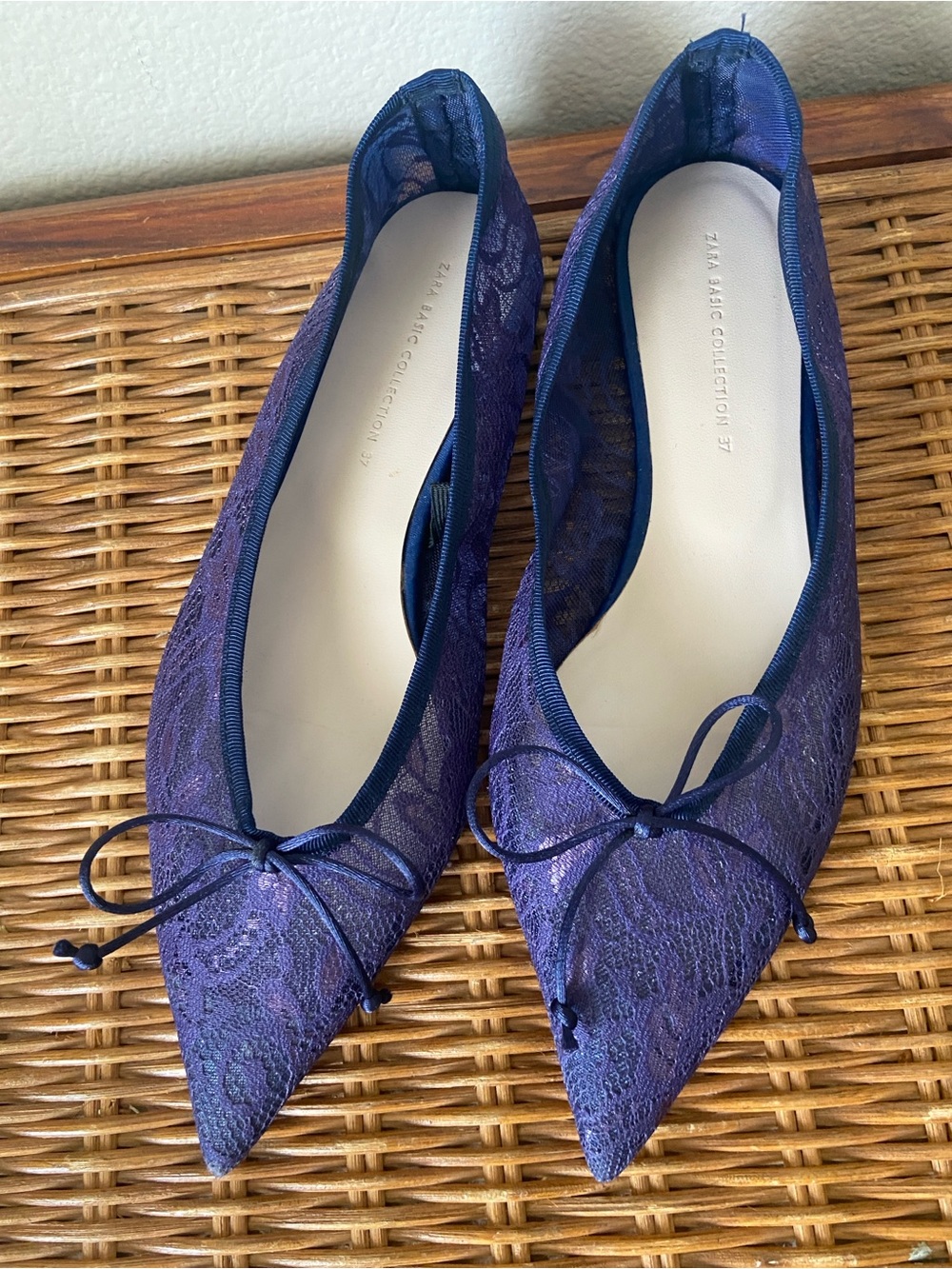 Zara Navy Lace Pointed Toe Ballet Flats